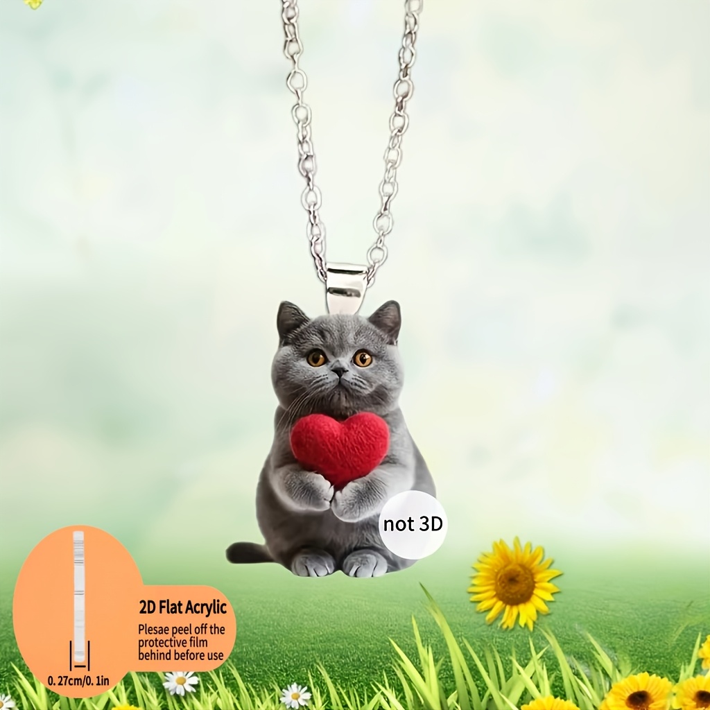 2D Acrylic Gray Cat Holding Heart Earrings Pendant Set